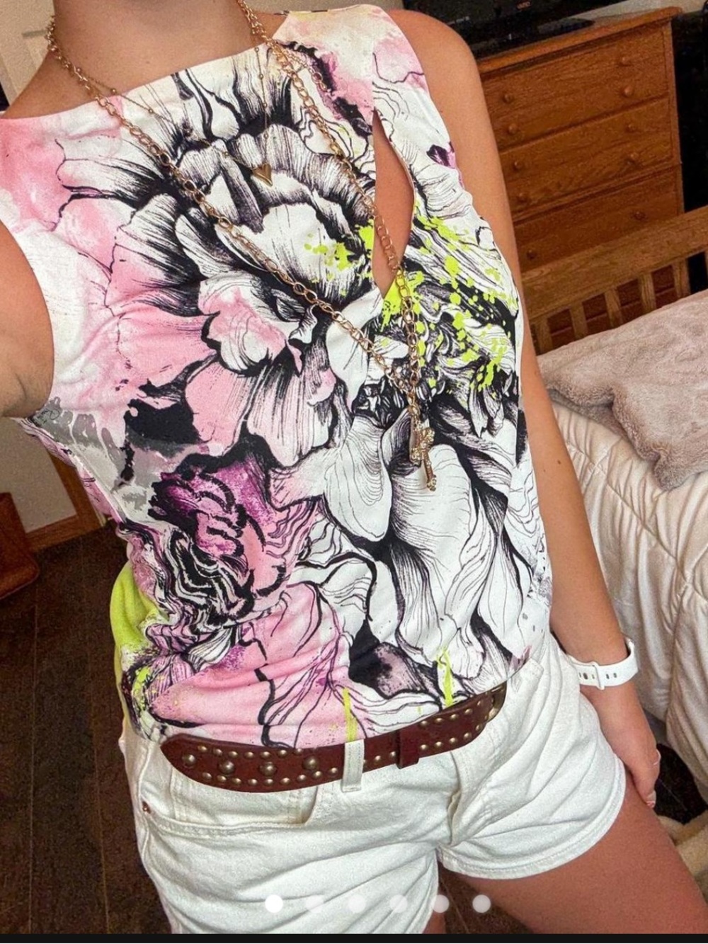 Roberto Cavalli Floral Keyhole Sleeveless Top in Pink and White